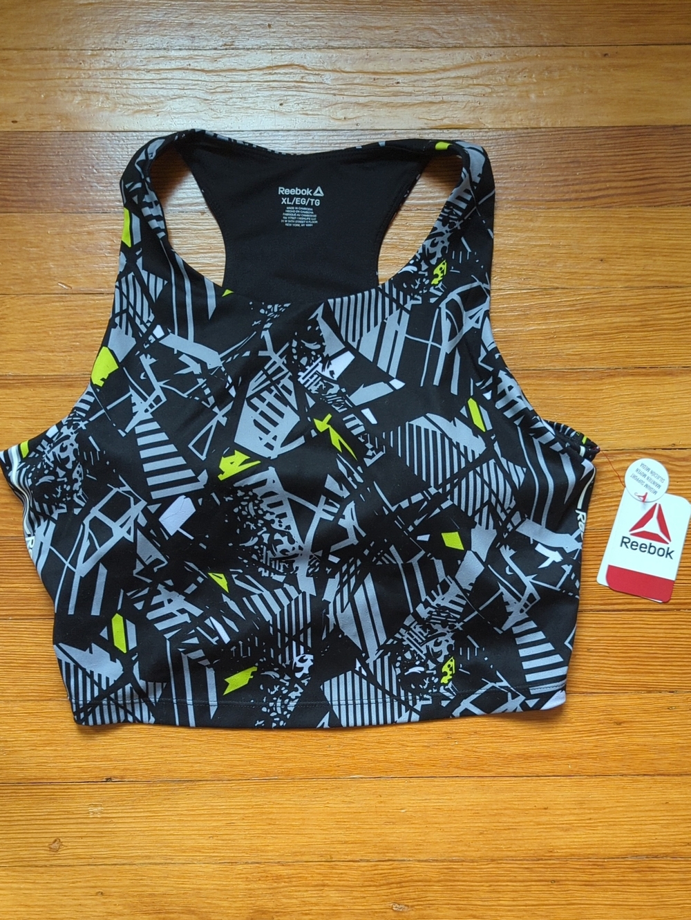 Reebok Black & Neon Yellow Patterned Racerback Sports Bra